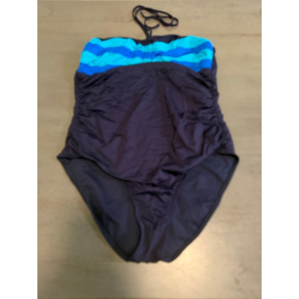 Apt. 9 Womens Navy Blue Turquoise Chevron Halter One Piece Swimsuit Size 16